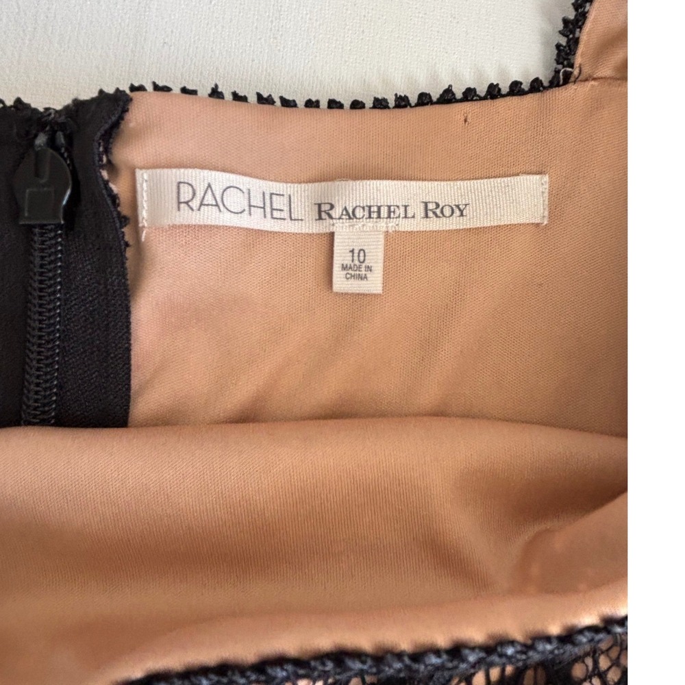 Rachel Rachel Roy Black Lace Cold Shoulder Midi Sheath Dress Tan Lining Size 10 - Picture 9 of 12